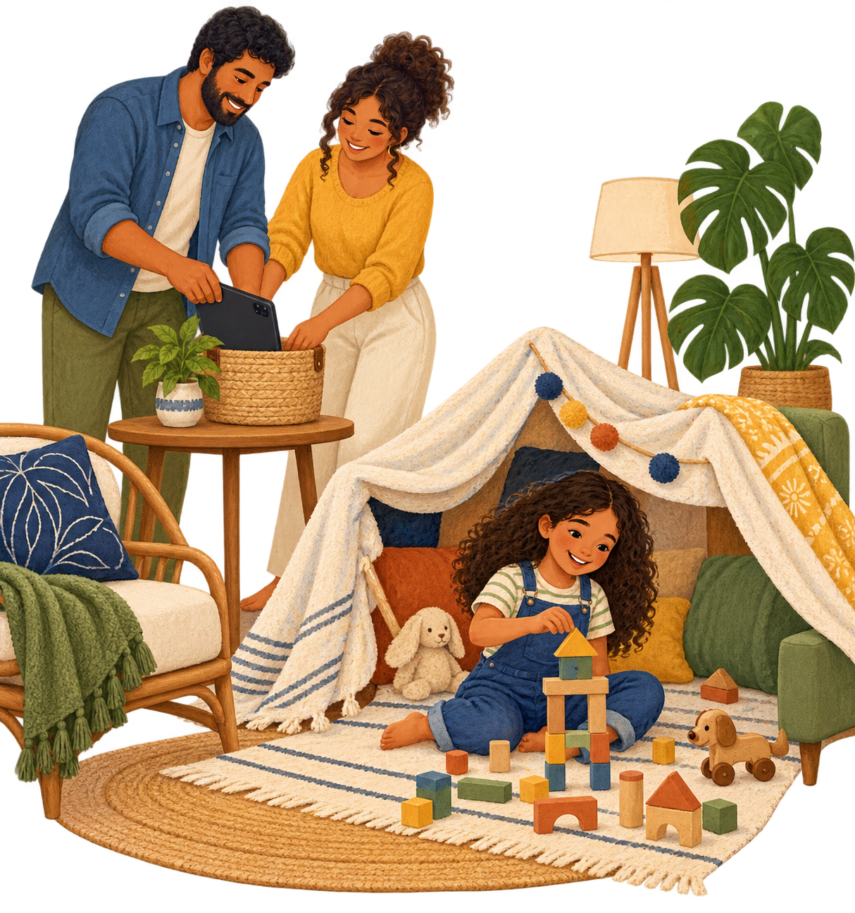 Família guardando um tablet e criança brincando em uma cabana