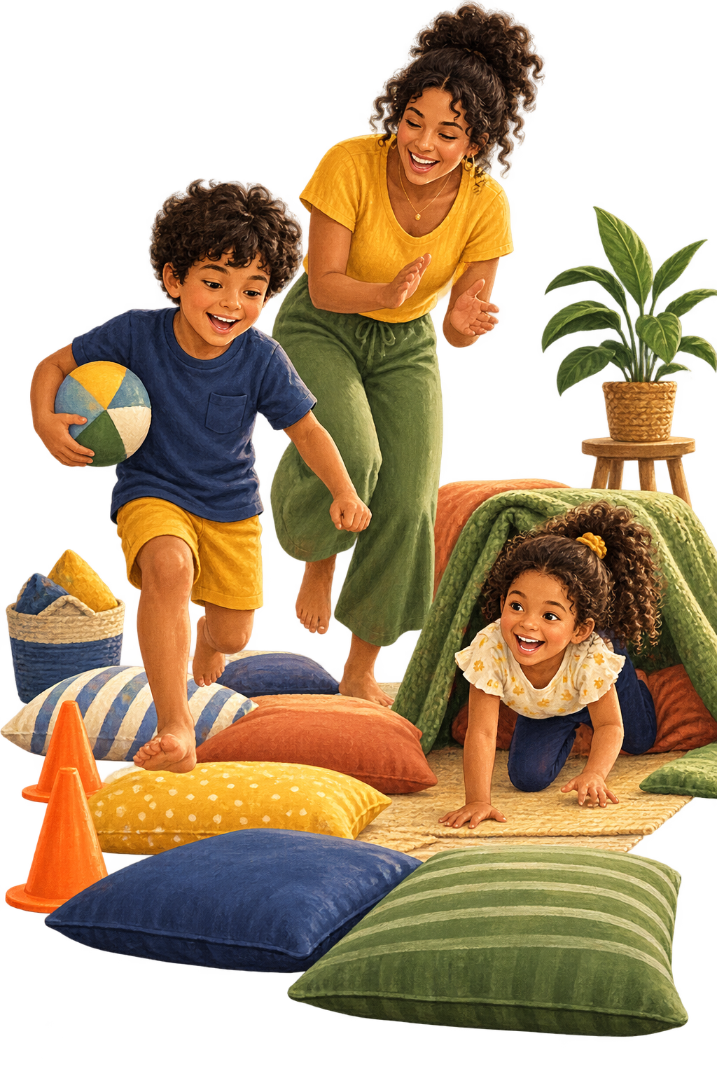 Mãe e crianças brincando e se movimentando em casa